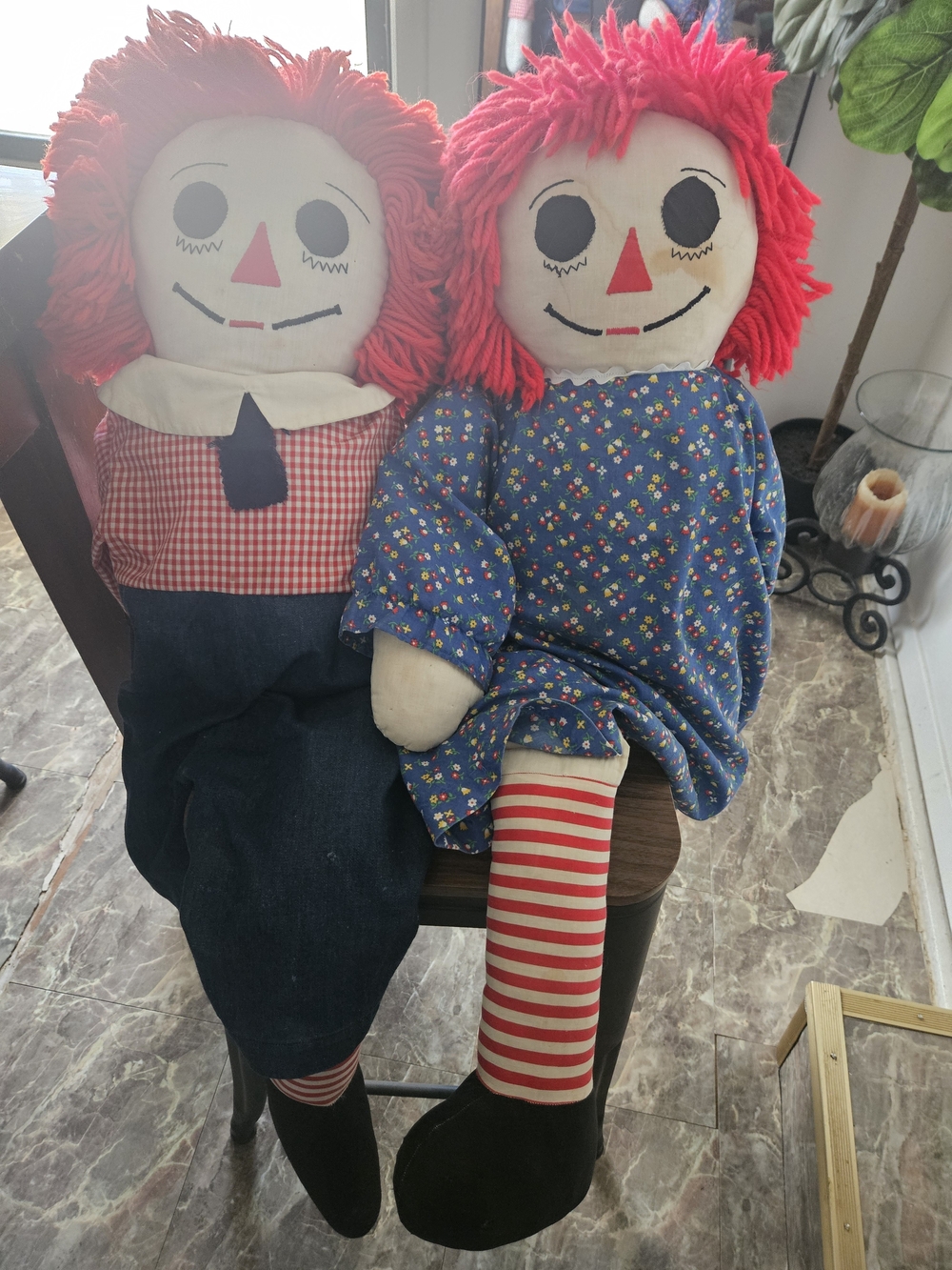 Handmade Raggedy Ann & Andy Style Dolls - Red Hair, Blue & Red Outfits